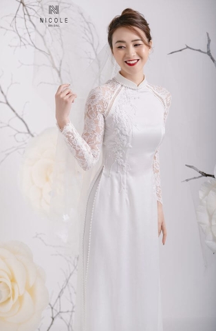 ÁO DÀI CƯỚI TRẮNG GẤM DDTRF93