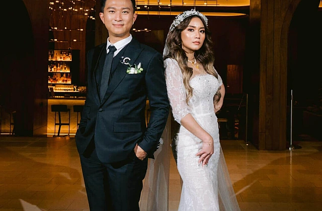 A close-up look at the wedding dress of bride Huong Tran on her happy day.