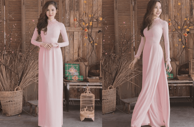 9+ mẫu áo dài cưới màu hồng ngọt ngào, duyên dáng