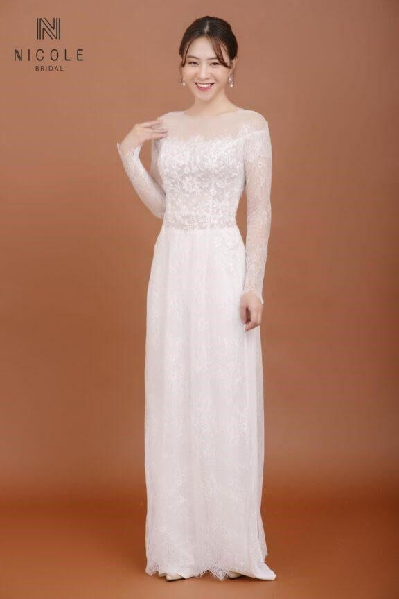 White And Gold Bridal Ao Dai, Vietnamese Traditional Bridal Dress (#P