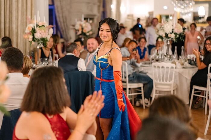 Lydie's Captain Marvel style wedding dress.
