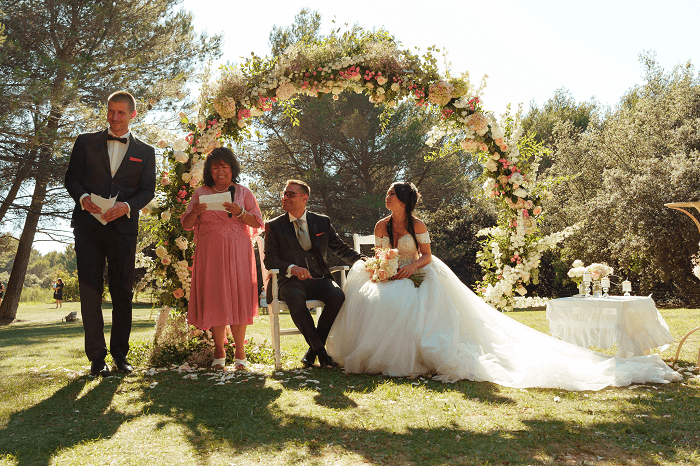 A romantic wedding party in the garden.